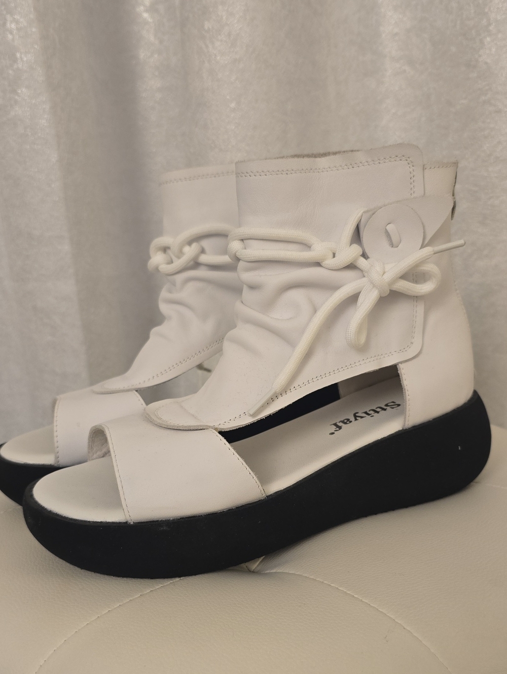 Sttiyaf White gladiator Zip Back Ankle leather sandals Open Toe 9 New High Top - Picture 2 of 8